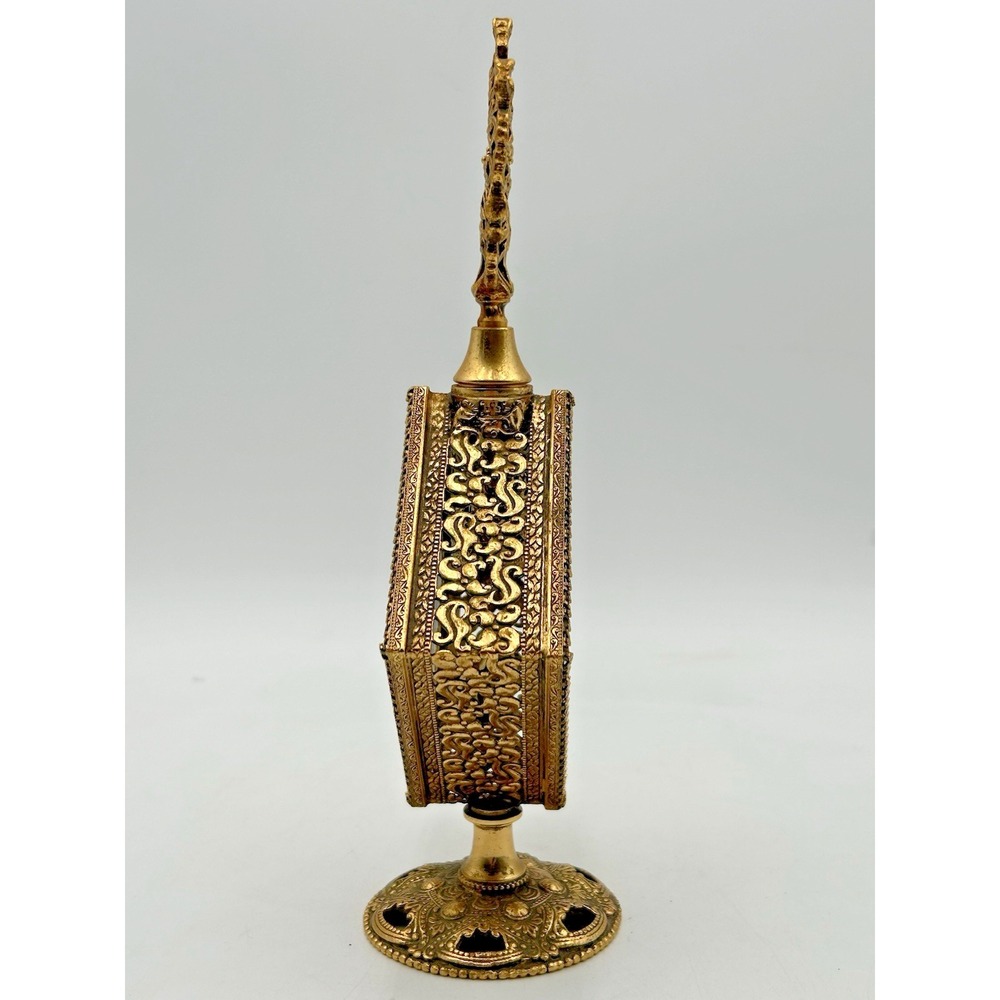Vintage Brass Filigree Floral Ormolu Perfume Bottle Antique Glass Ornate Vanity - Picture 5 of 10